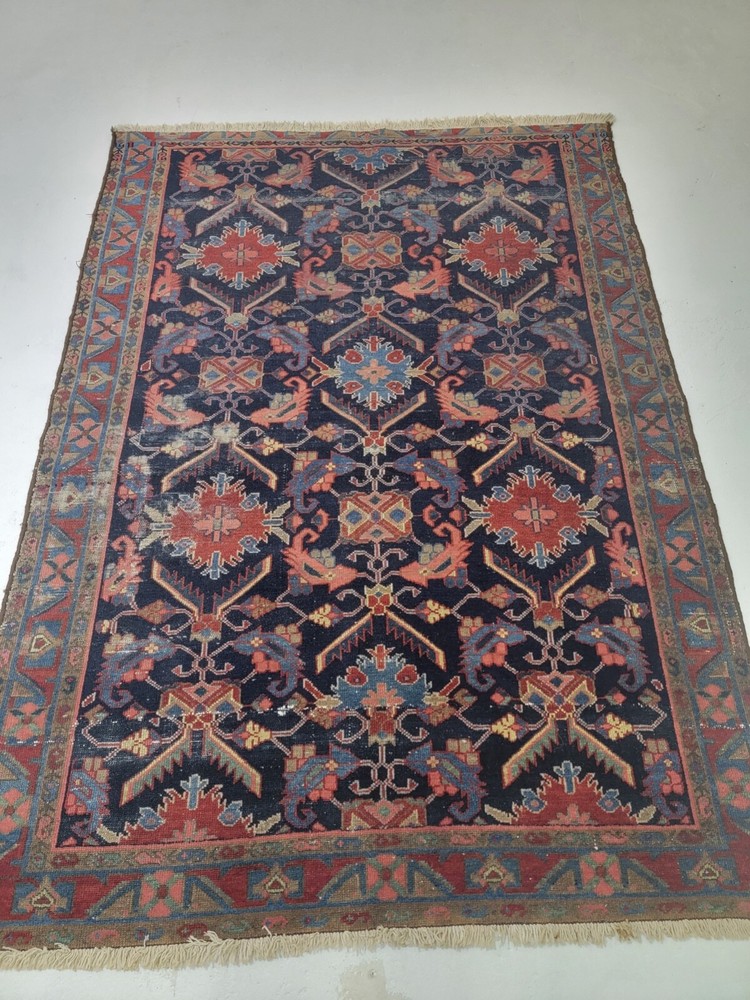 Antique Oriental Hand-Knotted Wool Area Rug Navy Blue/Salmon 4'2" x 5'5"