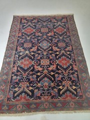 Antique Oriental Hand-Knotted Wool Area Rug Navy Blue/Salmon 4’2″ x 5’5″