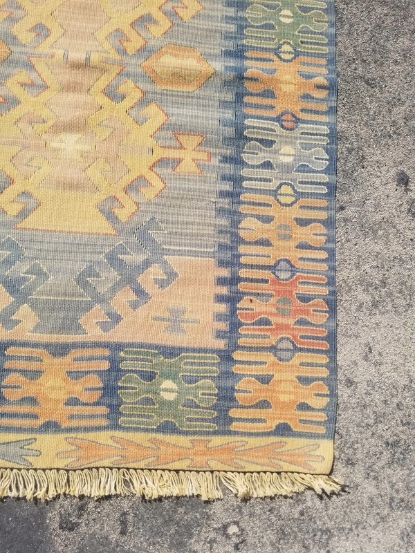 Distressed Vintage Traditional Handmade Turkish Wool Blue Kilim 5.9x2.2ft gallery