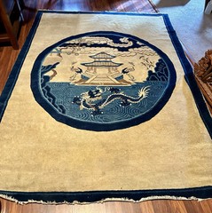 Antique Art Deco Chinese Peking Dragon Rug With Blue Border 6’5” X 7’8”