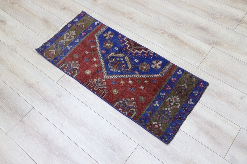 Blue Small Carpet Turkish Handwoven Oriental Cut Rug Wool Foyer Doormat 2x3ft gallery