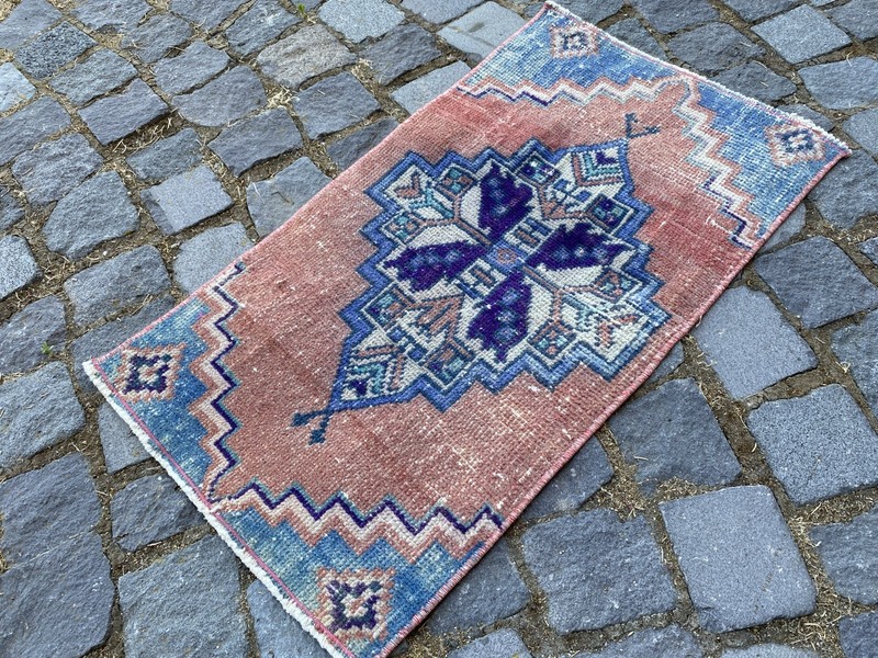 Vintage Oushak Rug, Hand-Knotted Wool, Salmon Blue Muted Boho Accent Rug gallery