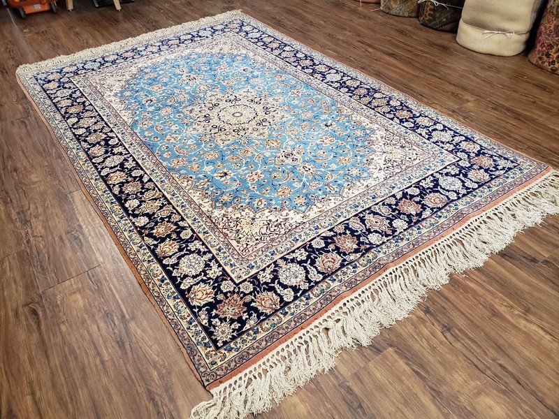 5x8 Top Quality Silk Foundation Wool Rug Very Fine Carpet Medallion Floral Blue gallery