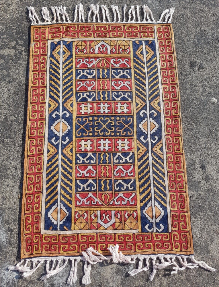Vintage Hand Woven Traditional Kashmiri Multicolor Kilim Rug Carpet 90x59 cm