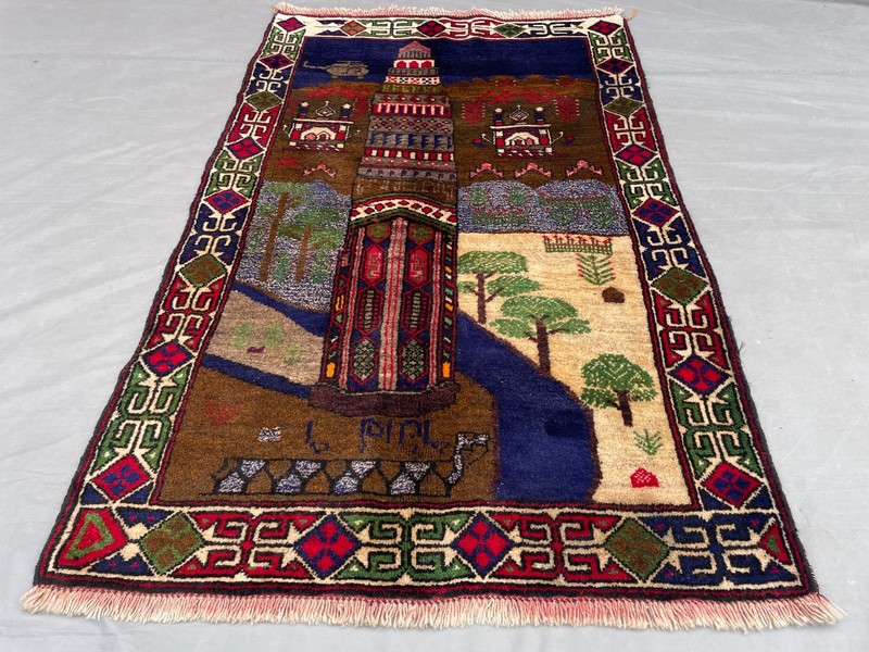 2'11x4'9 ft Vintage Afghan Pictorial HandKnotted Wool Minaret Landscape Area Rug gallery