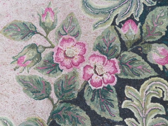 Old Antique FLORAL HOOKED WOOL RUG Aubusson Style Design Pink Flowers 67 x 36 gallery