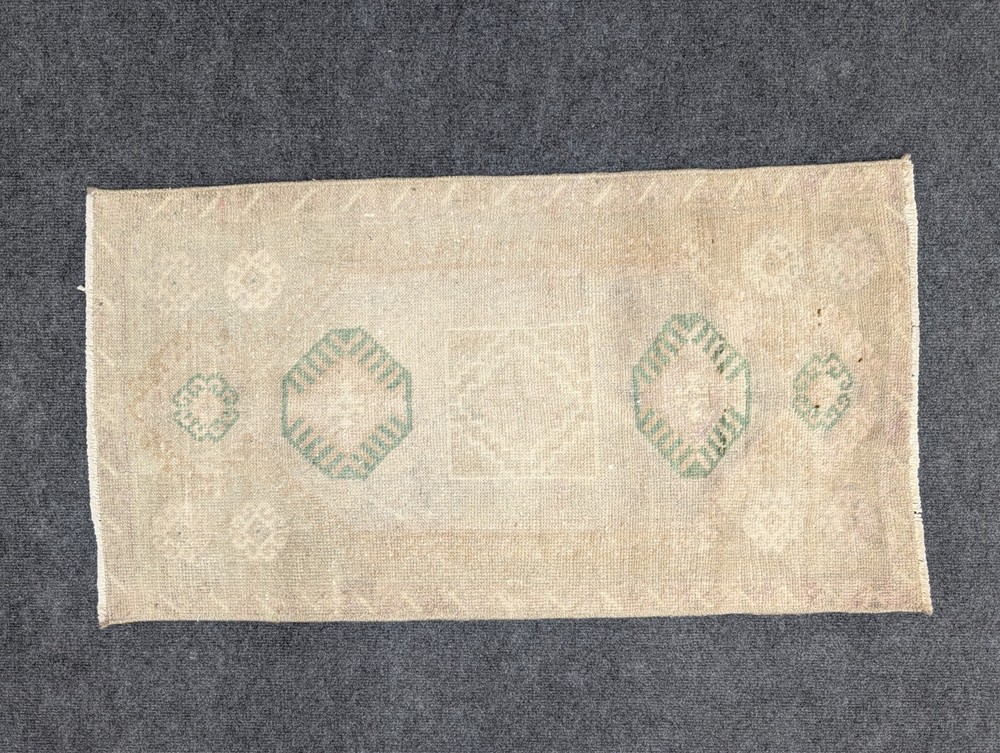 2x3 Ft Vintage Beige Green Door Mat, Turkish Oushak Wool Bathroom Area Rug