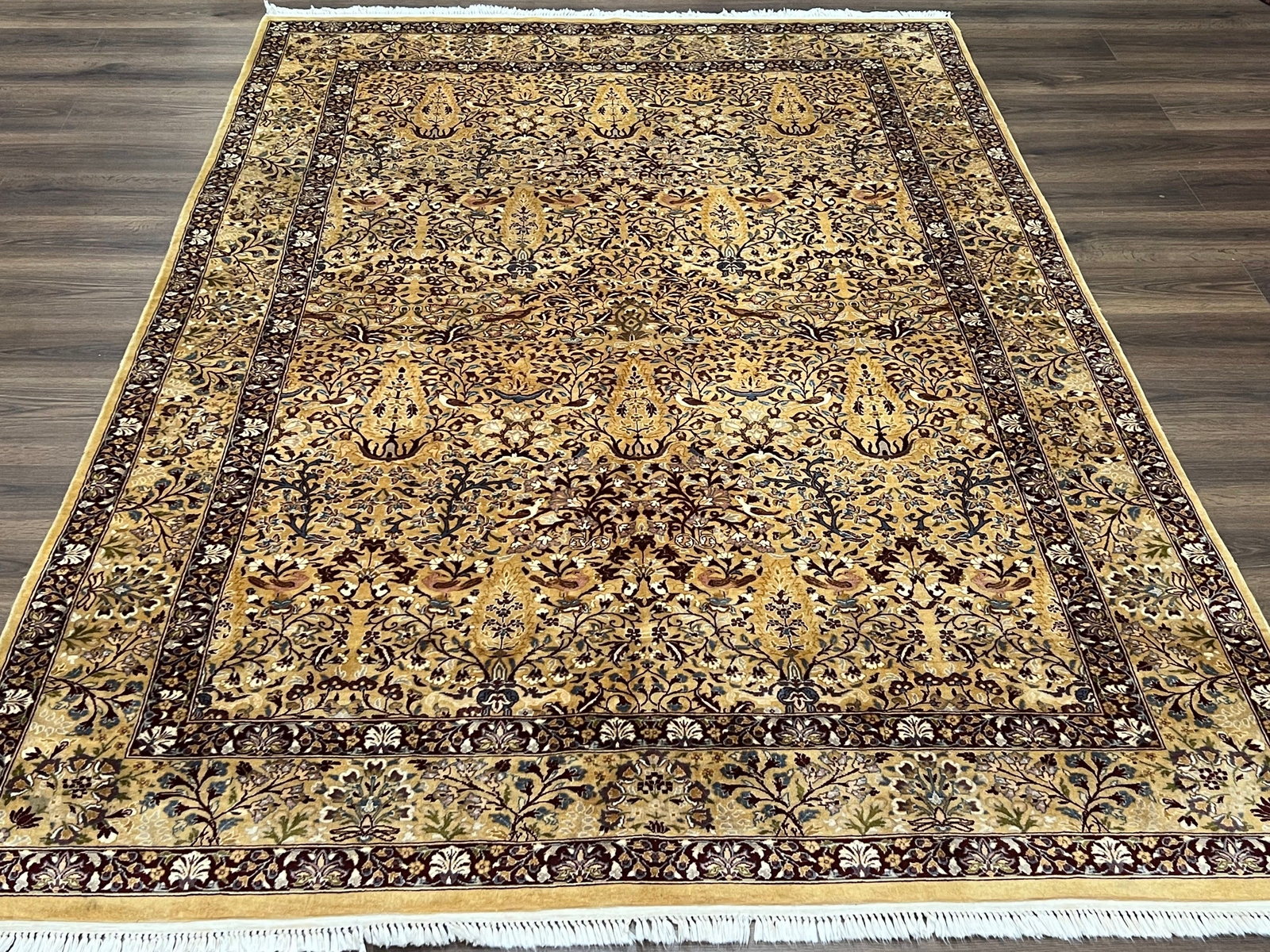 Indian Oriental Rug 6x9 Allover Floral Motif Birds Tan/Cream Fine Wool Carpet gallery