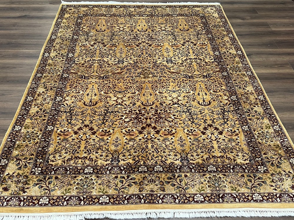 Indian Oriental Rug 6x9 Allover Floral Motif Birds Tan/Cream Fine Wool Carpet