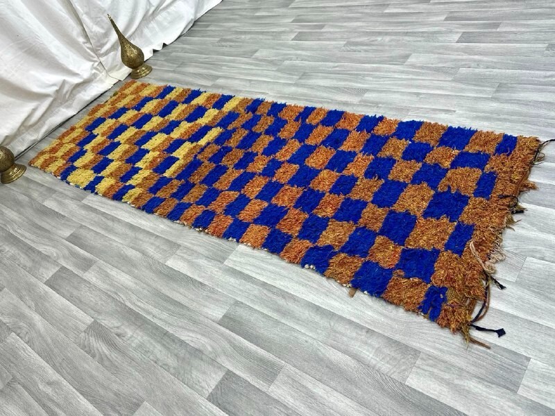 VINTAGE CHECKERED MOROCCAN RUG, Bohrmian Handmade 4'9"x8'3" Boucharouit Runner gallery