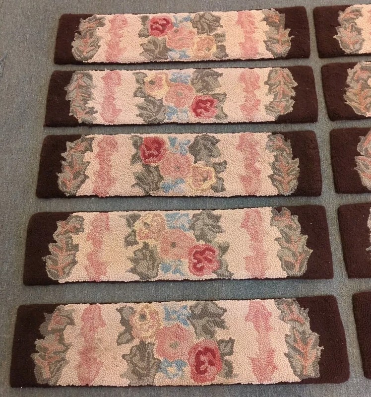10 Antique Primitive Country Handmade Hook Wool Hooked Stair Treads Floral Rug gallery