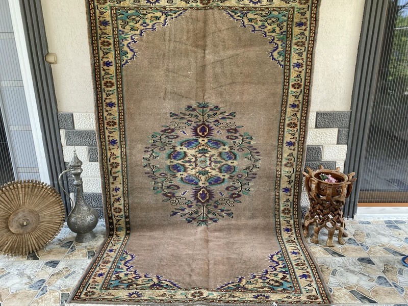 Vintage Turkish Rug | 5.4 x 8.7 ft Hand-Knotted Wool Faded Pastel Anatolian Rug gallery
