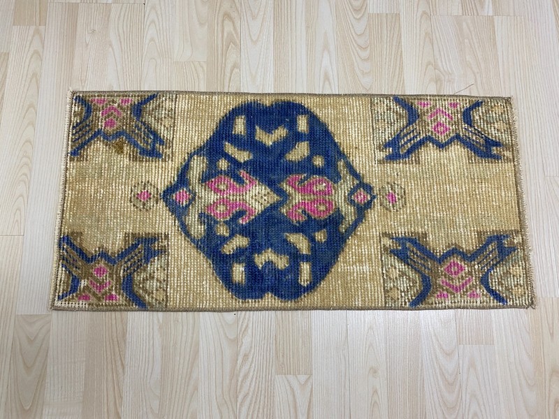 Antique Turkish Rug 1.3x2.8 ft Vintage Beige Blue Pink Small Mat Wool Boho Rug gallery