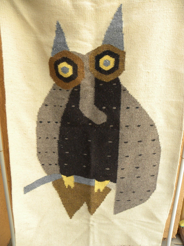 A Handwoven Wool Hanging/ Accent Rug Decorated W/ A Modernistic Owl Image gallery