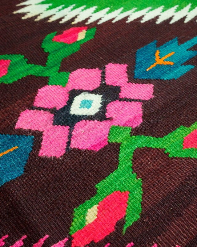 Oltenian Kilim Runner 100% Wool Geometric Green Pink Fuchsia 1970s Romania 15x6f gallery