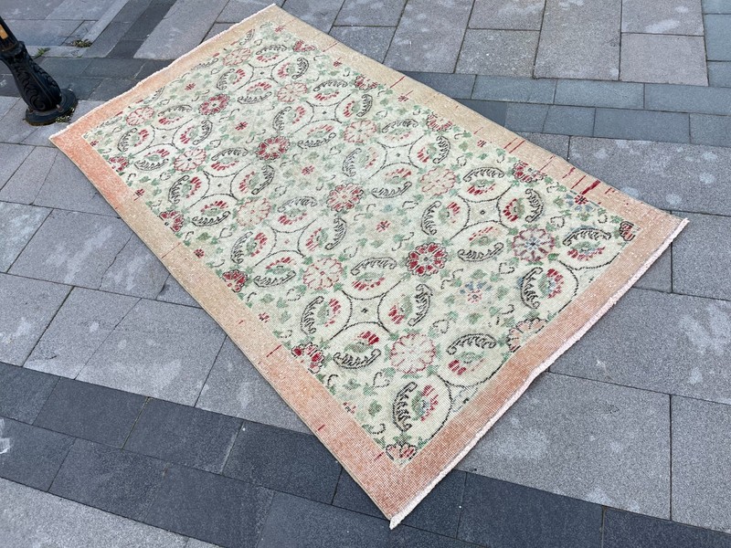 Vintage Turkish Oushak Rug 3.9x6.8 ft Beige Peach Distressed Wool Boho gallery