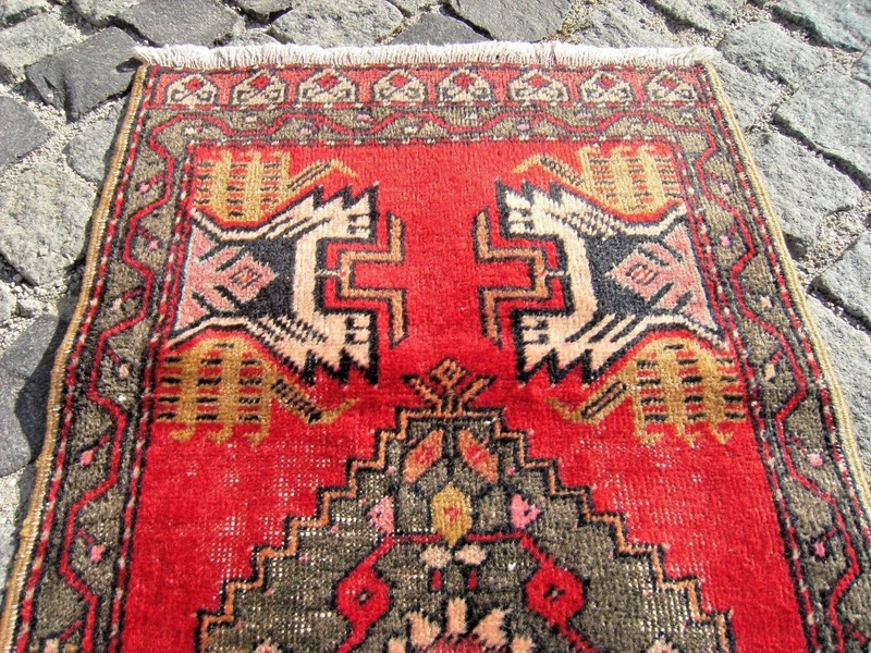 Vintage Turkish Rug Anatolian Small OUSHAK Yastik Rug 21'' X 40'' Wool Pile Rug gallery