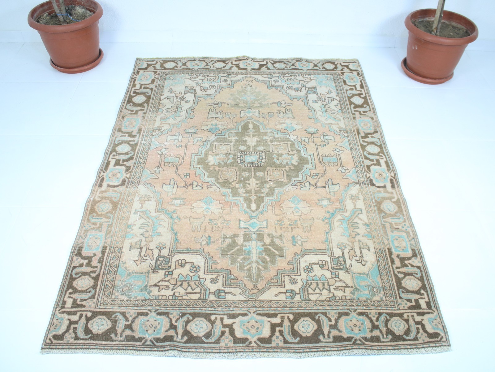 Vintage Hand Knotted Area Rug Blue Teal Brown Geometric Tribal 4x6 ft gallery