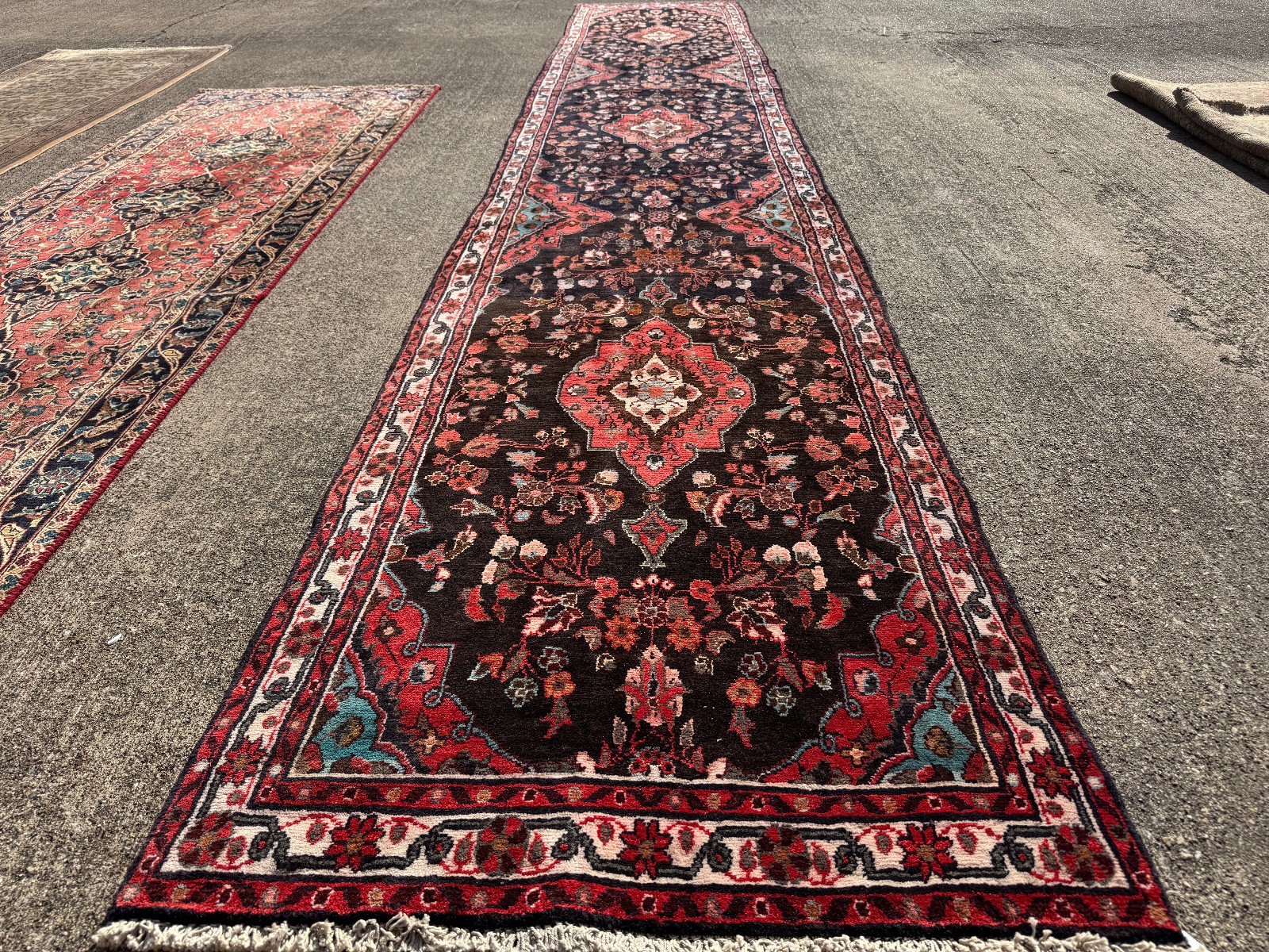 LONG VINTAGE RUNNER RUG 3x17 blue black HAND-KNOTTED ANTIQUE ORIENTAL handmade gallery