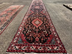 LONG VINTAGE RUNNER RUG 3×17 blue black HAND-KNOTTED ANTIQUE ORIENTAL handmade