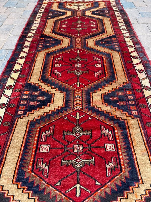 Handmade Vintage Tribal & Geometric Colorful Turkish Runner, Distressed, 4x10 gallery