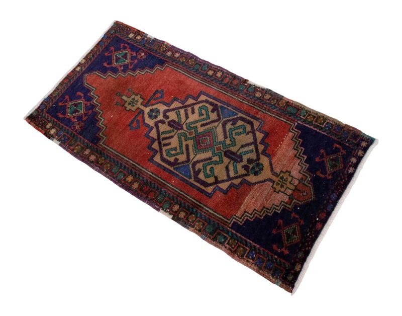 Vintage Turkish Rug Handmade Small Rug, Wool Doormat, Kitchen Rug, 21x42 inches gallery