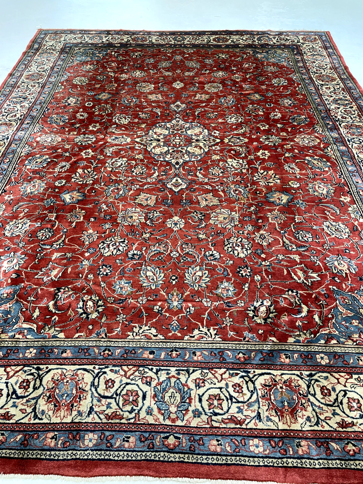 Antique Oriental Hand-Knotted Wool Area Rug Red/Ivory/Blue/Salmon 8'9" x 11'8" gallery