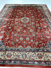 Antique Oriental Hand-Knotted Wool Area Rug Red/Ivory/Blue/Salmon 8’9″ x 11’8″