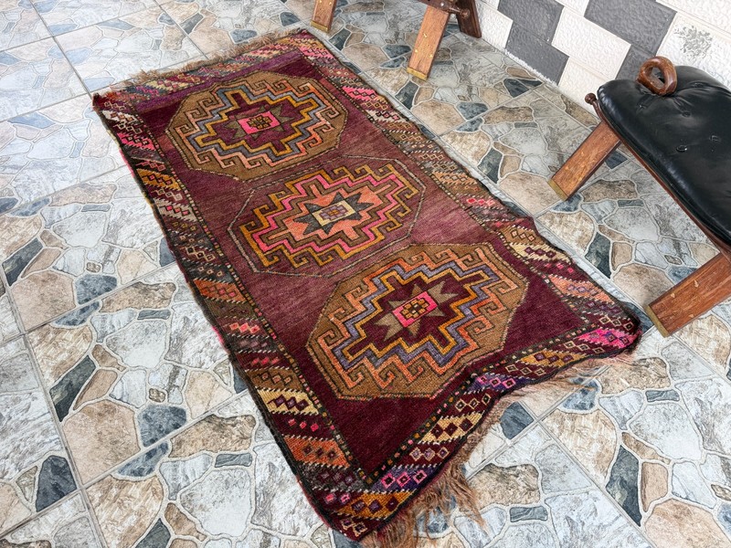 Area Vintage Turkish Rug | Geometric Tribal Accent Hand-Knotted Wool 3x5.5 ft gallery