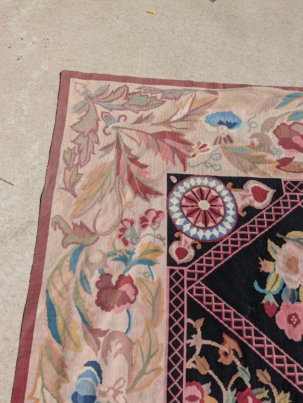 Antique Aubusson Style Needlepoint Floral Rug Carpet 13.6 X 9.9 Feet. Estate gallery