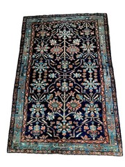 Lovely 4.4 X 6.6 Antique 1910’s Malayar Rug Oriental Navy Peach Farmhouse Chic