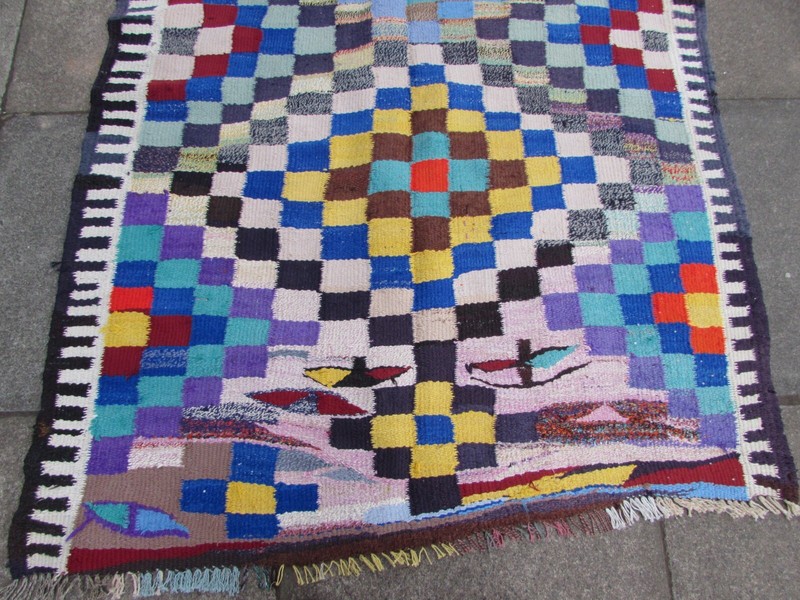 Vintage Traditional Hand Made Oriental Cotton Blue Red Large kilim 295x127cm gallery