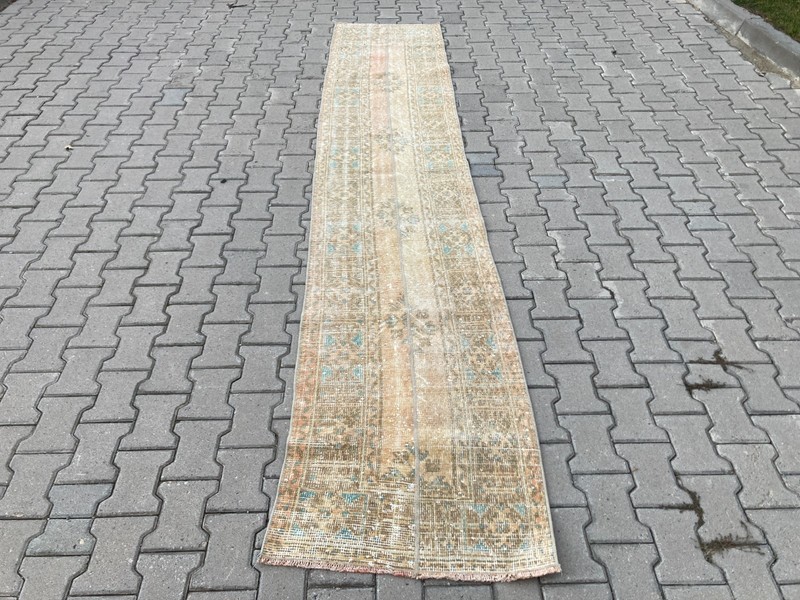 Vintage Turkish Runner rug, Patchwork Brown Handmade Hallway rug, 2.3 x 11.8 ft gallery