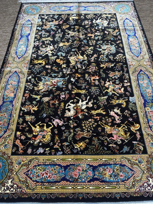 1.5x2.25m Pers,ian Q,u,m Shikargah Hunting Scene Rug Black Bamboo Silk Pictorial gallery