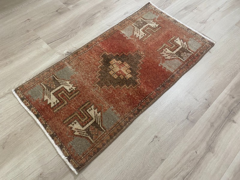 Vintage Turkish Small Wool Rug, Bohemian Oushak Doormat, 1.6 x 3.1 ft gallery