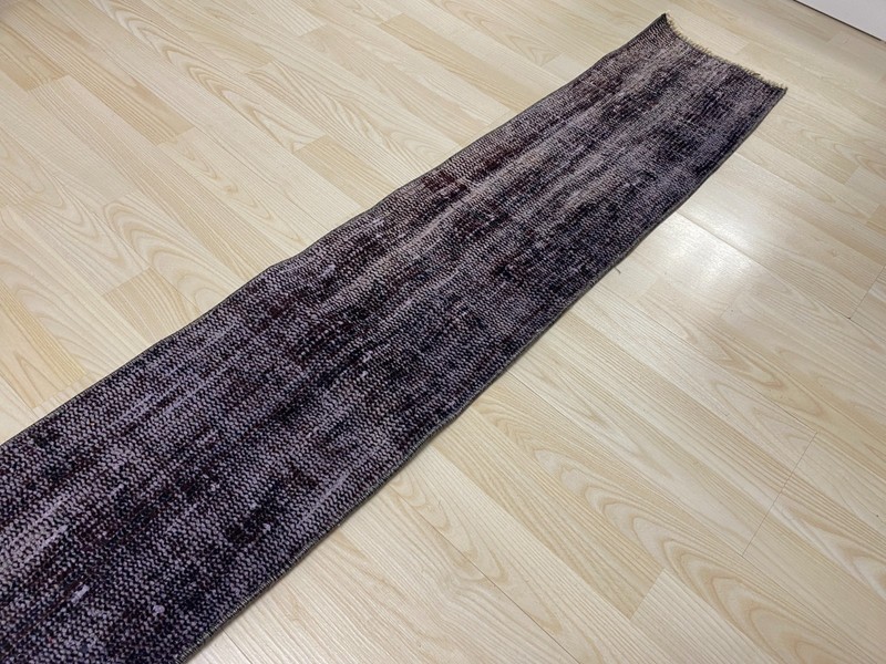 Antique Turkish Rug 0.9x5.0 ft Vintage Dark Plum Overdyed Narrow Carpet Boho gallery