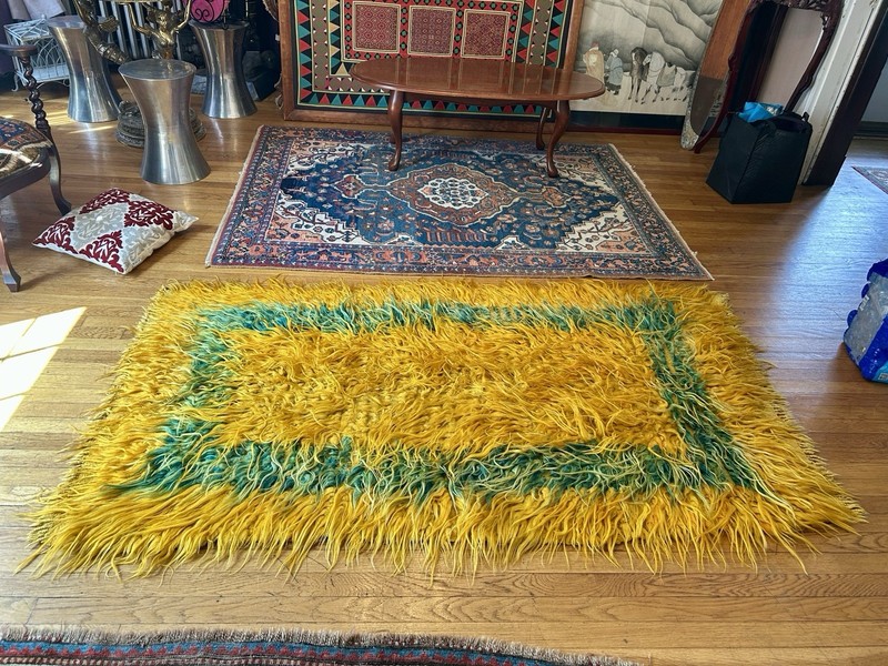 Gorgeous Estate Old Mid Century Yellow And aqua Green Shag Area Rug gallery