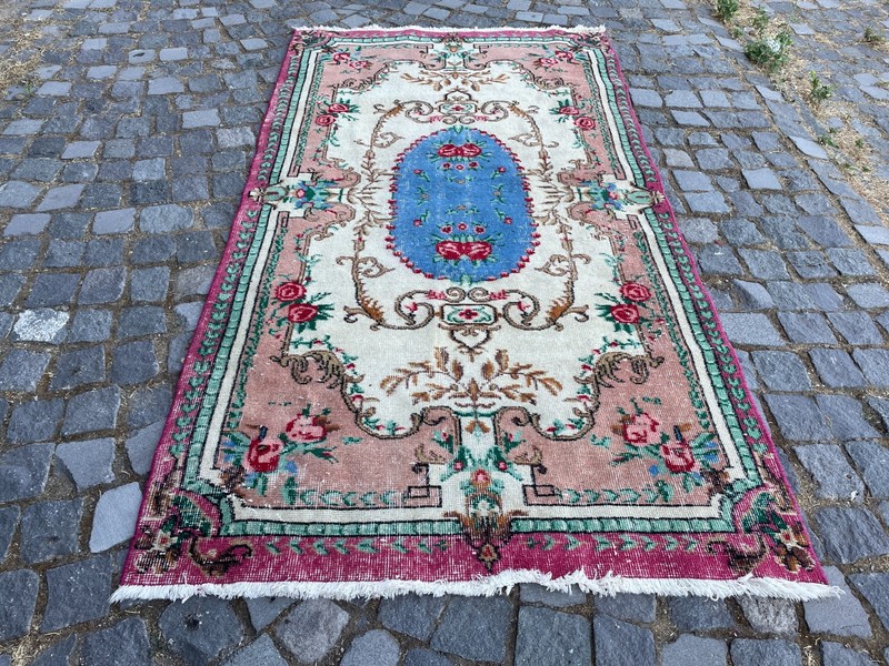 Bohemian Area Rug Handmade Wool Rug Turkish Vintage Traditional Rug 3,7 x 6,8 ft gallery