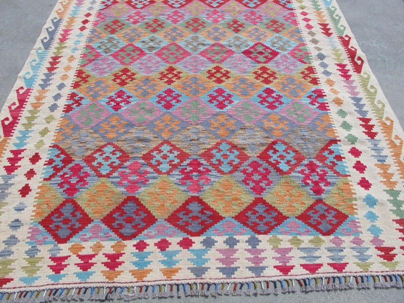 7x9 Afghan Kilim Rug Pink Handwoven Wool Maimana Rug Colorful Boho Area Carpet gallery
