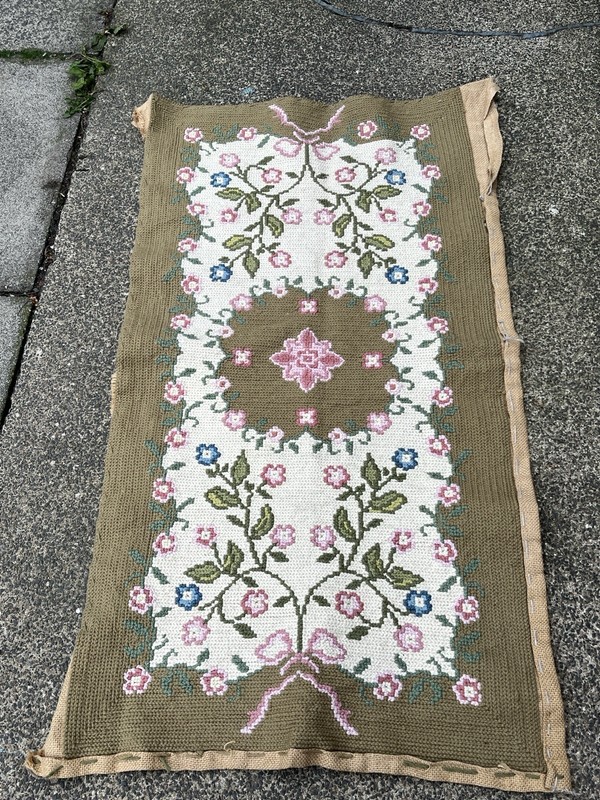 Vintage Embroidered Panel Rug / Wall Hanging Aubusson Crewel Style 46” X 26” gallery