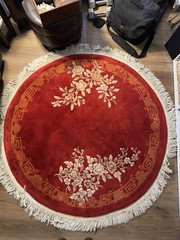 Hand Knotted Wool Chinese Vintage Rug Round 5’ +Fringe Beautiful Red Color