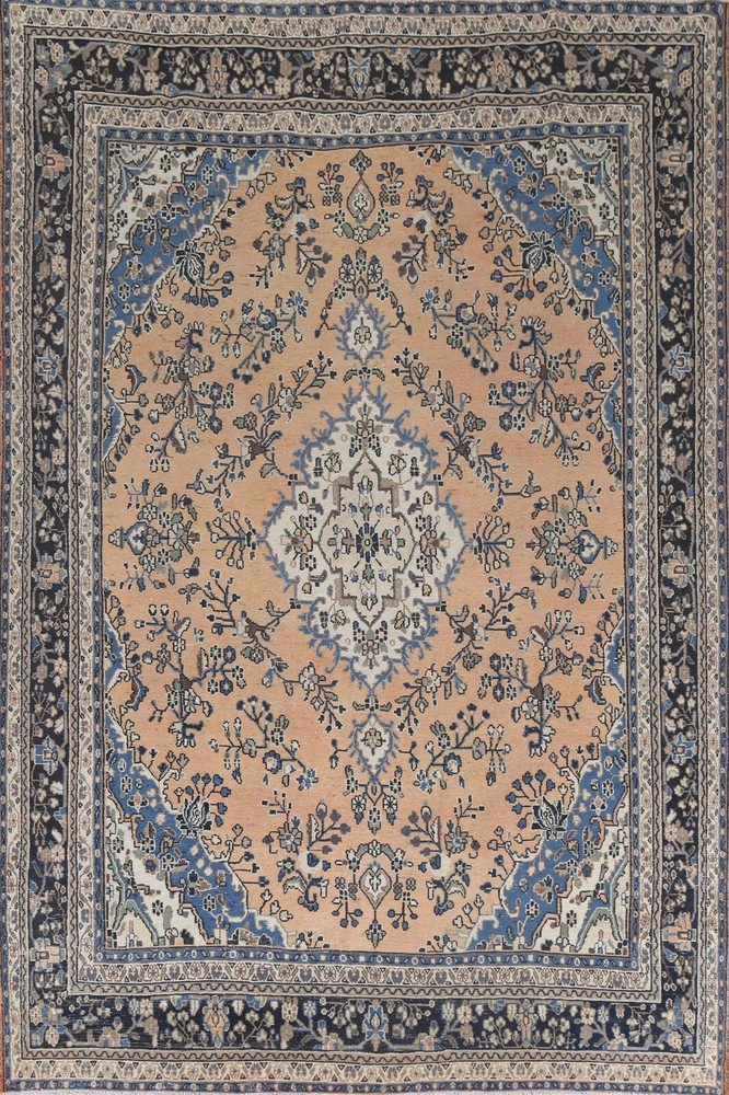 Vintage Muted Peach Hamedan Area Rug 9x12 ft Hand-knotted Low Pile Wool Carpet