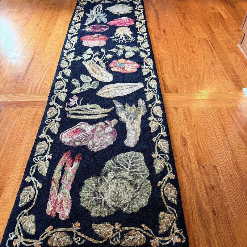 Antique 1910 Primitive Hooked Rug Vegetables Garden Farmhouse Rug Runner 26x92 gallery
