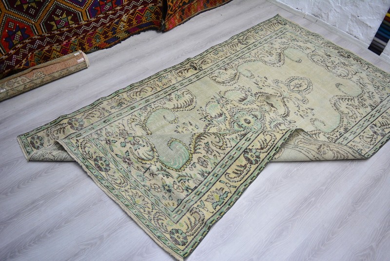 Antique Faded Beige Handmade Rug, 5x8.7ft, Turkish Vintage Medallion Area Rug gallery