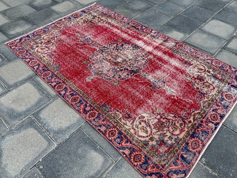 Vintage Turkish Area Rug 3.7 x 5.8 ft Hand Knotted Wool Red Distressed Carpet gallery
