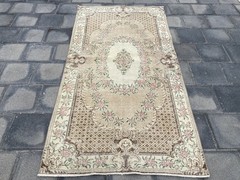 Yellow Area rug, Turkish rug, Vintage rug, Wool rug, Handmade rug, 3.7 x 7.2 ft