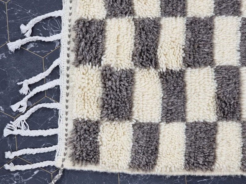 Moroccan Handmade Beni Ourain Rug 4'8''x6'8'' Berber Checkered Gray Wool Carpet gallery