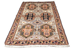 Geometric Vintage Coral Turkish 3′ 11″ x 6′ 4″ Pink Hand Knotted Area Rug