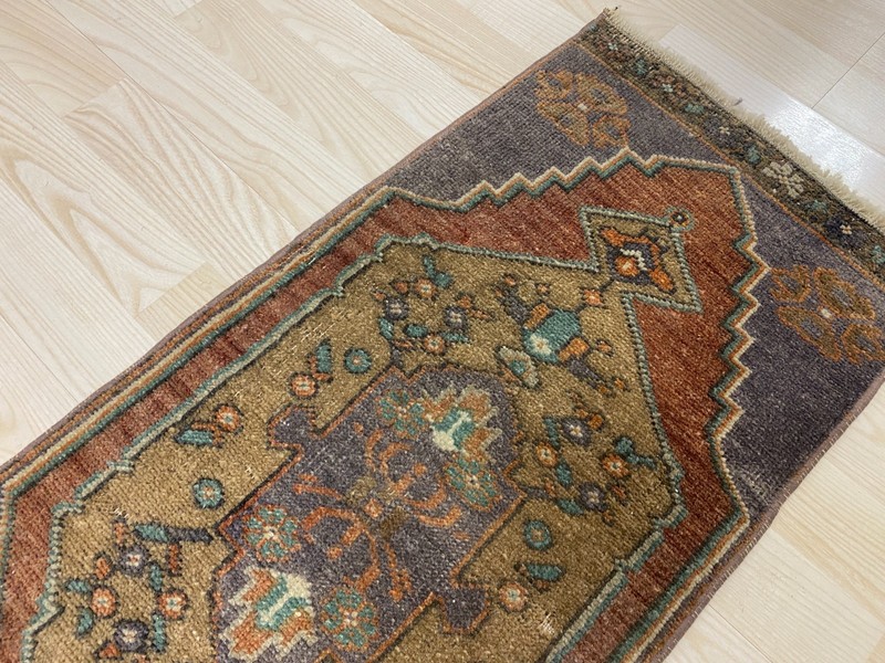 Antique Turkish Rug 1.2x2.8 ft Vintage Purple Rust Tribal Small Carpet Boho Mat gallery