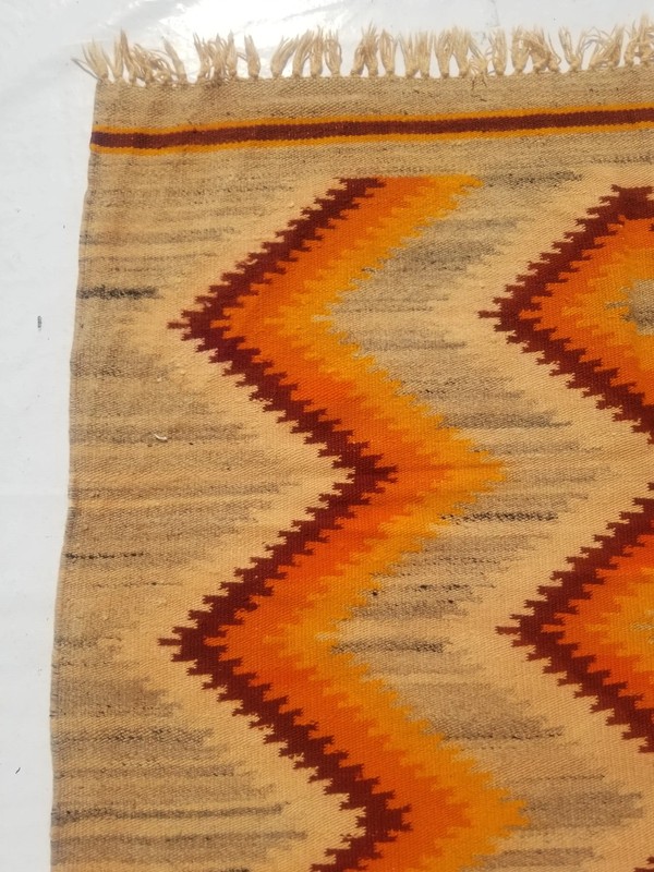 Distressed Vintage Traditional Handmade Turkish Wool Mustard Kilim 7.4x4.9ft gallery